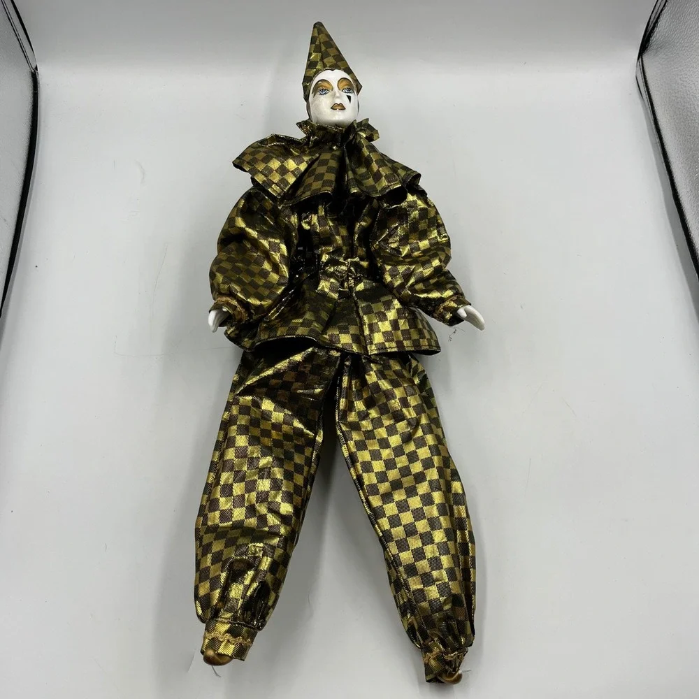 Vintage Porcelain Harlequin Clown‎ Doll Gold Black Checkered Jester 19.5 Inch